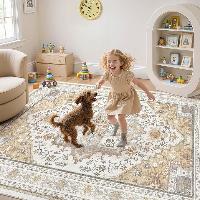 UERMEI 8x10 Area Rug for Living Room - Washable Vintage Carpet, Non-Slip Soft Large Indoor Floor Rugs for Bedroom Home Office & Under Dining Table Decor, Brown Beige