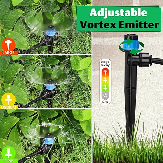 MIXC 30pcs Quick-Connect Drip Irrigation Emitters Fan Shape for 1/4" Drip Irrigation Tubing - Adjustable Push-to-Connect 360° Drip Emitters Vortex on 5.5" Sturdy Stake for Irrigation System