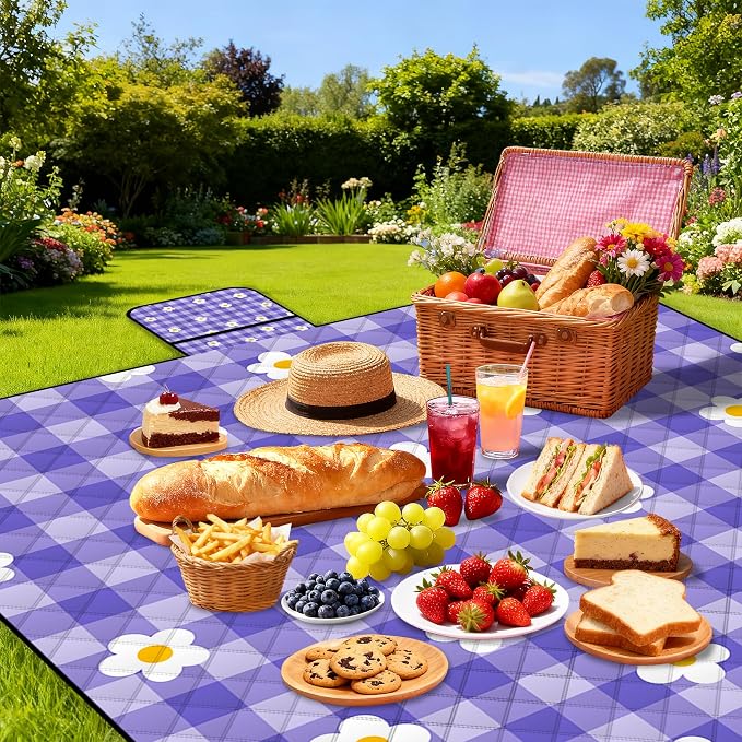 Extra Large Picnic Blanket Waterproof,80"x 80"Foldable Machine Washable Beach Blanket,Outdoor Blanket for 6-8 Adults,Suitable for Indoor Crawling,Park Beach,Camping,Hiking,Family Travel(Purple)