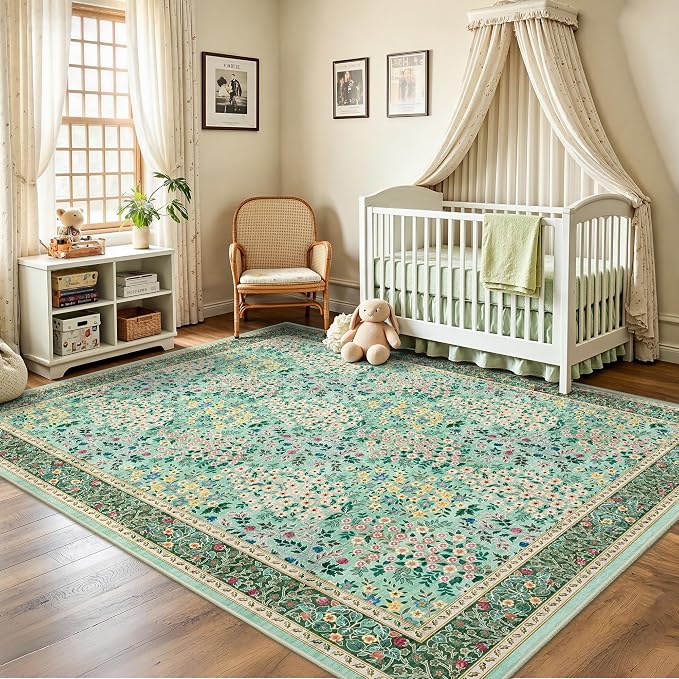 6x9 Area Rugs, Washable Floral Area Rugs for Living Room, Indoor Area Rug for Bedroom, Dining Room, Low Pile Non-Slip Non Shedding Rug(Green Floral)