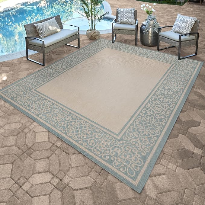 Gertmenian Indoor/Outdoor Flatweave Area Rug - 9x13 Extra Large, Stain & UV Resistant, Ideal For Deck, Patio, Poolside, Mudroom - Abstract Border, Aqua Blue Cyan, 22964