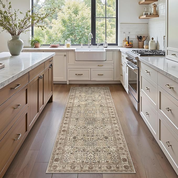 2'6" x 6' Kitchen Runner Rug, Washable Non Slip, Dark Espresso | Vintage Floral, Spill Resistant, Lightweight Low Pile Carpet for Hallway, Bedroom, Laundry Room and Bathroom