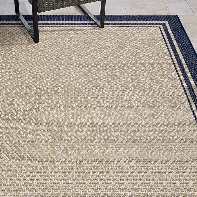 Gertmenian Indoor/Outdoor Flatweave Area Rug - 8x10 Large, Stain & UV Resistant, Ideal For Deck, Patio, Poolside, Mudroom - Simple Border, Navy Blue, 22010
