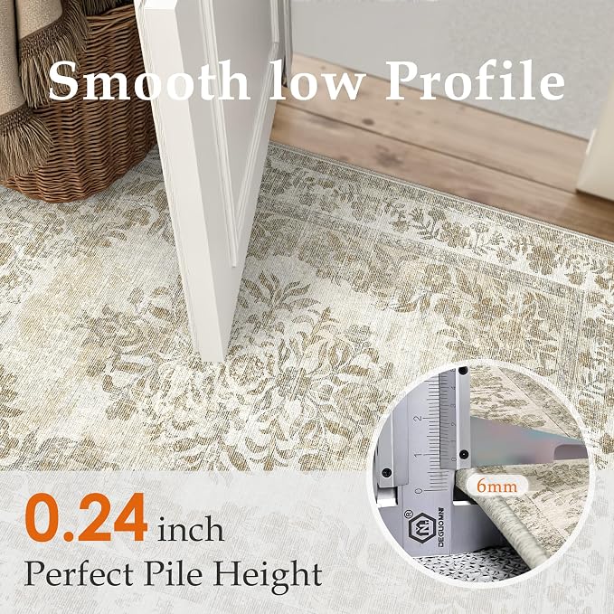 6x9 Washable Area Rug Living Room Cream Beige Vintage Large Carpet | Soft Low Pile, Non Slip, Stain Resistant, Floral Medallion, Neutral Retro Decor for Bedroom, Dining Room, Kids Room, Office