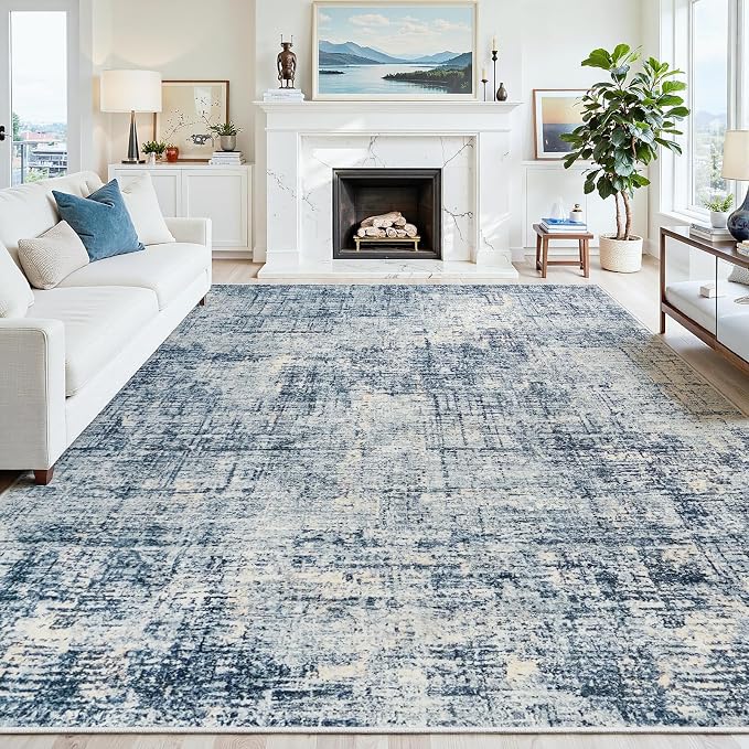 6x9 Washable Area Rug for Living Room Bedroom: Non-Slip Modern Blue Gold | Machine Washable TPR Backing, Stain-Resistant Low Pile, Pet & Kid Friendly, Abstract Decor for Dining Room, Dorm, Home Office