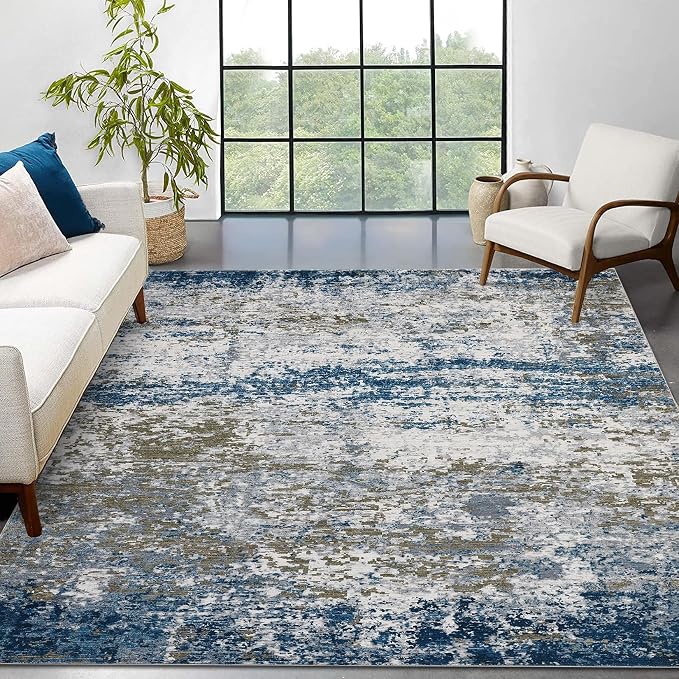 ROYHOME 9x12 Modern Abstract Accent Rug Non Slip Stain Resistant, Navy | Throw Rug Low Pile Washable Indoor Floor Cover for Living Room Bedroom Office Home Decor