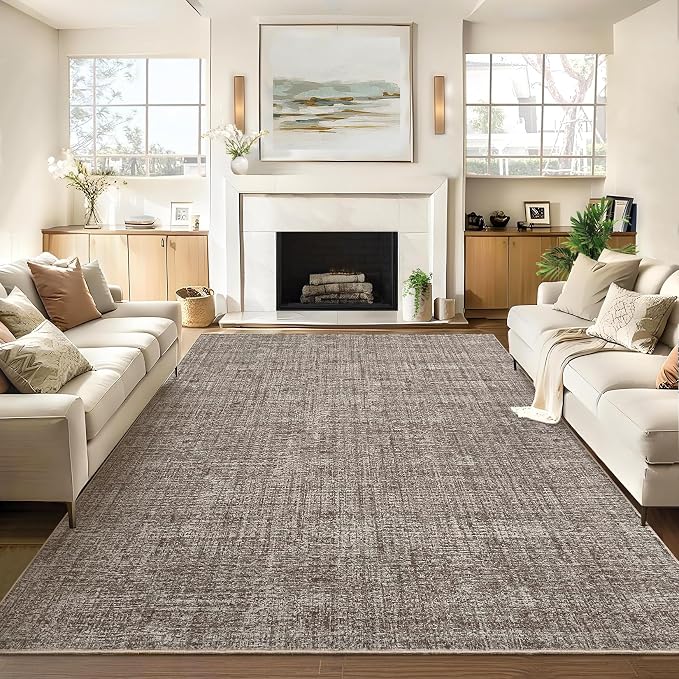 Garvee Modern Solid Washable Rug 8x10 Area Rugs for Living Room Brown | Soft Non Slip Rugs for Bedroom, Low Pile Neutral Rug, Stain Resistant Foldable Carpet for Playroom Dorm, Farmhouse Rugs