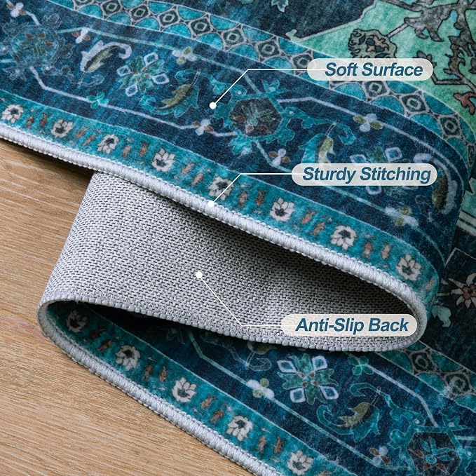 Tangsoo Oriental 2x3 Washable Rugs for Entryway, Non Slip Small Area Rug | Teal Vintage Indoor Front Door Rug, Boho Print Door Mat Carpet, Soft Low Pile Throw Rugs for Entrance Entry Kitchen Bedroom