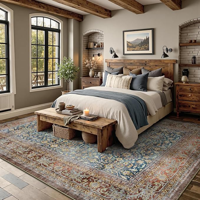 6x9 Area Rugs - Washable Vintage Retro Living Room Rug, Soft Ultra Thin Non Slip Low Pile Distressed Boho Traditional Carpet for Bedroom Dining Room Nursery Home Office, Rust Clay