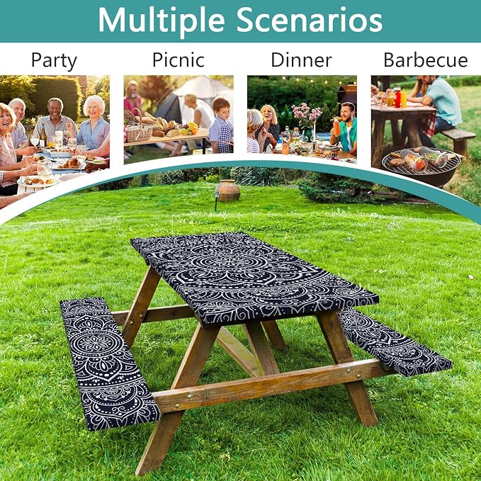 Rectangle Picnic Table Cover with Bench Covers 6FT 3PCS, Camping Essentials,Rectangle Fitted Camping Tablecloth Waterproof with Elastic Edge for Indoor Outdoor Patio, 72in, Boho