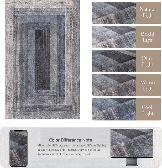 Neutral Geometric Blue 5x8 ft Large Rug for Living Room Bedroom | Contemporary Modern Area Rugs Vintage Washable Soft Faux Wool Low Pile Indoor Carpet for Dining Room Office Home Decor