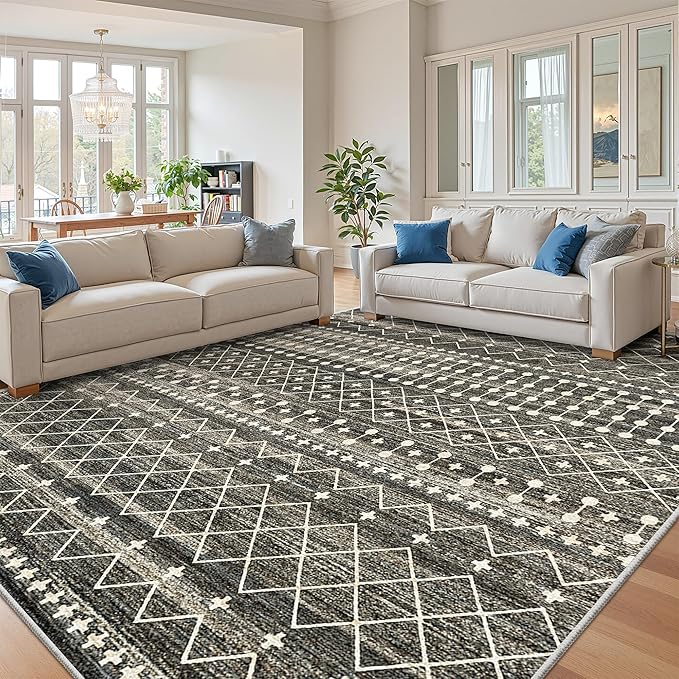 Miukiki 8x12 Area Rug for Living Room, Washable Non Slip Moroccan Rug Black | Large Soft Rug for Kitchen Bedroom Dining Room Office, Low Pile Indoor Floor Carpet Home Decor 8'x12'