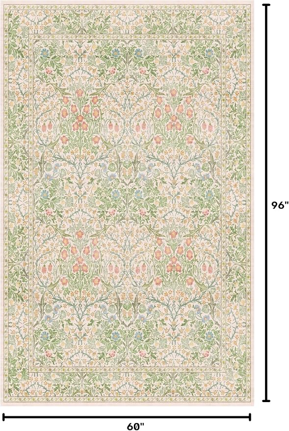 Washable Beige Green 5x8 Area Rug for Living Room, Large Entryway, Kids Room, Boy Bedroom, Playroom - Vintage Oriental Rug Low Pile Non Slip & Stain Resistance (5x8 Beige Green)