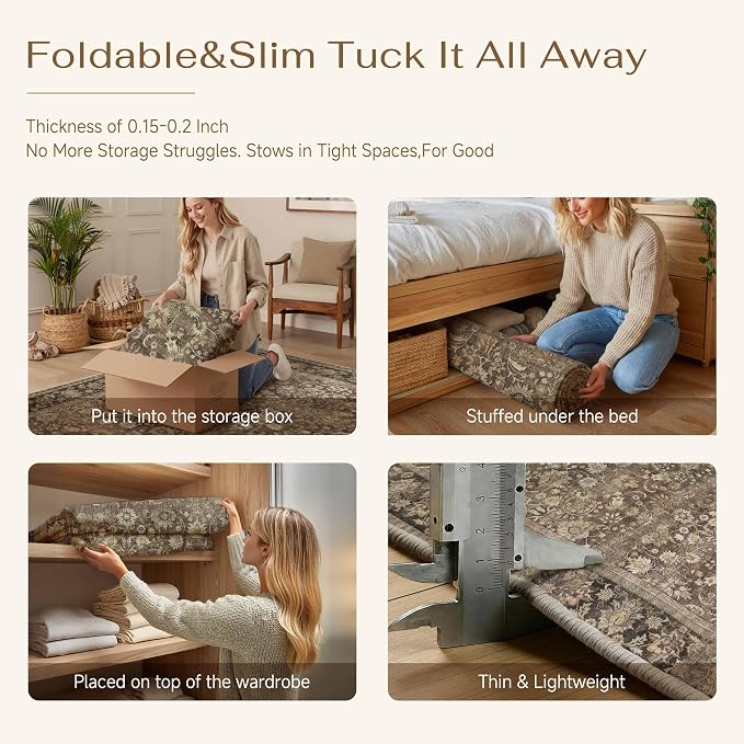 HUGEAR 2x3 Small Rug Machine Washable Area Rug Brown Entryway Rugs Entrance Door Mat Indoor Accent Rugs Floral Low Pile Carpet Distressed Throw Rug Kitchen Bedroom Office Non Slip