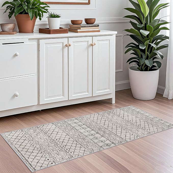 2x5 Rug Runner Moroccan: Washable Hallway Non Slip Runner Geometric Grey | Pets Friendly Runner Low Pile Soft Indoor Floor Mat Front Door for Kitchen Bedroom Entryway Laundry
