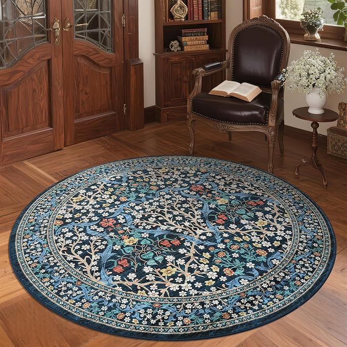 GarveeHome Dark Blue Floral 4 ft Round Rug Washable Non-Slip Soft Low Pile Small Circle Carpet Vintage Rugs for Kitchen Bedroom Nursery Dining Living Room