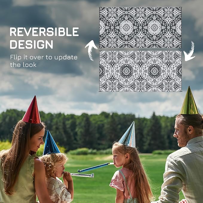 Outsunny Outdoor Rug for Patio, 9' x 18' Waterproof Large Mat, Reversible Plastic Straw Rug for Decor, Portable Outside RV Camping Area Carpet Mat for Backyard Porch Deck Picnic, Gray & White Floral