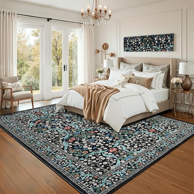 GarveeHome 6x9 Washable Area Rug for Living Room, Floral Dining Room Rugs for Under Table, Low Pile Non-Slip Stain Resistance Floor Carpet for Bedroom, Black