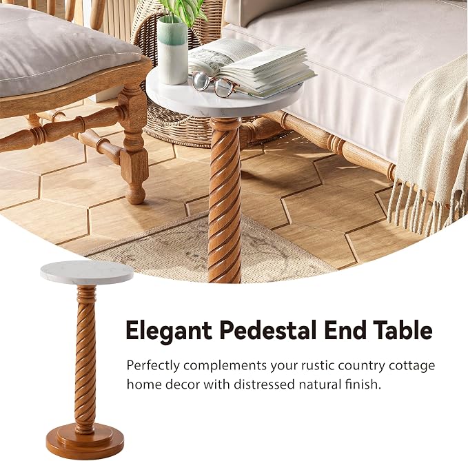 COZAYH Pedestal Small Drinking Table, Farmhouse Tray Top End Table, Distressed Finish, White Tabletop, Wooden Legs