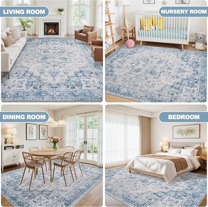 9x12 Washable Area Rugs for Living Room Blue Grey Non-Slip Rug | Vintage Medallion Rug，Soft Low Pile Large Rugs，Indoor Retro Carpet for Bedroom Nursery Dining Table Farmhouse Home Office