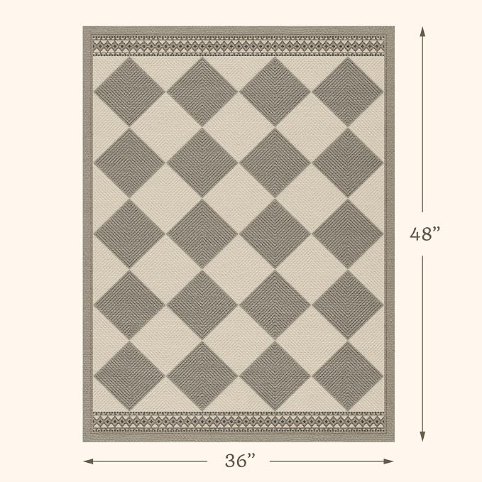 Beige Gray Diamond Easy Jute 3x4 Indoor Outdoor Rug, Checkered Farmhouse Geometric Decor Porch Entryway Carpet, Washable Non Slip Patio Rug for Laundry Room, Kitchen, Backyard or Mudroom