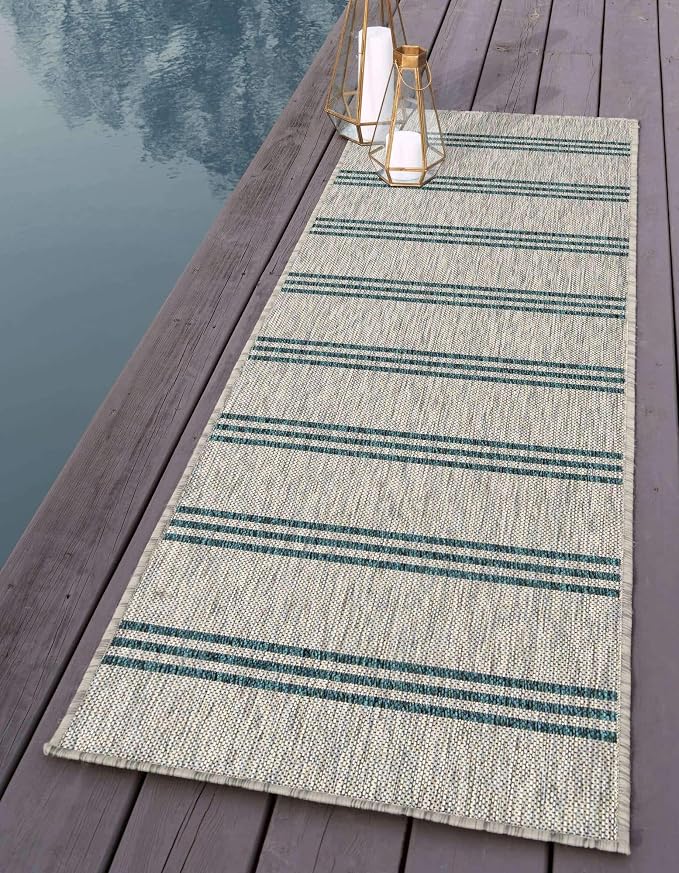 Unique Loom Outdoor Collection Area Rug - Anguilla (2' x 6' 1' Runner, Light Gray/ Teal)