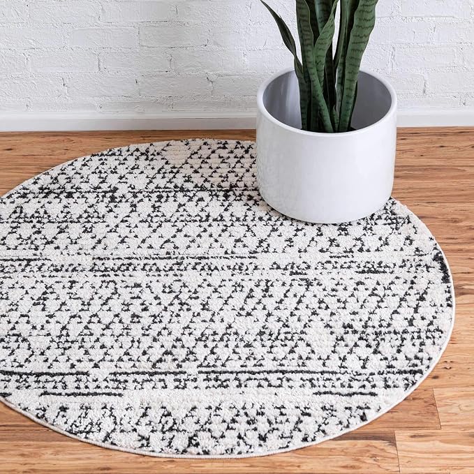 Unique Loom Morocco Collection Abstract Border, Diamond, Bohemian Area Rug (4' 0 x 4' 0 Round, Ivory/Black)