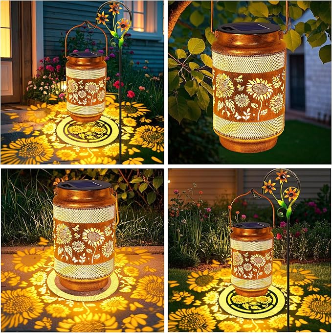 2 Pack Sunflower Solar Lanterns Outdoor Waterproof Solar Garden Decor, Birthday Gifts for Women Mom Grandma, Metal Hanging Lights with Shepherd Hook for Outside Yard Patio Pathway Backyard