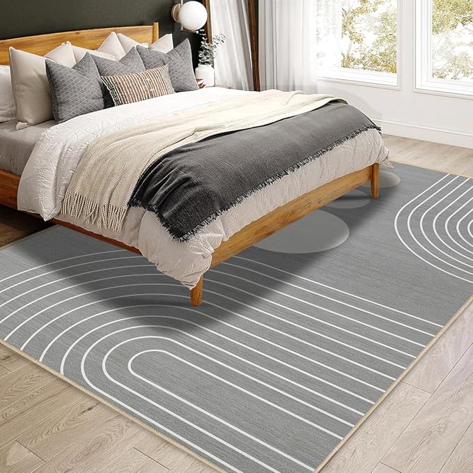Boho Rug 3x5 Modern Geometric Minimalist Abstract Line Area Rug for Entryway Living Room Grey Mid Century Modern Machine Washable Non-Slip Printed Low-Pile Floor Carpet for Kitchen Bedroom Gray