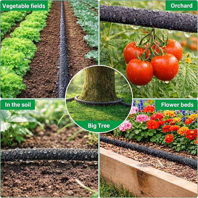 MIXC 80% Water-Saving Soaker Hose – 1/4" x 100 Ft Drip Irrigation Tubing for Garden, Lawn, Flower Beds & Vegetable Rows, with 1/4" Drip Fittings