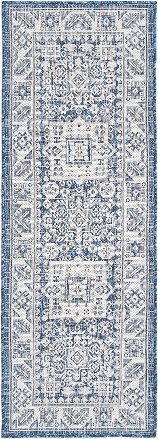 Unique Loom Outdoor Aztec Collection Area Rug - Chalca (2' x 6' 1" Runner, Blue/ Ivory)