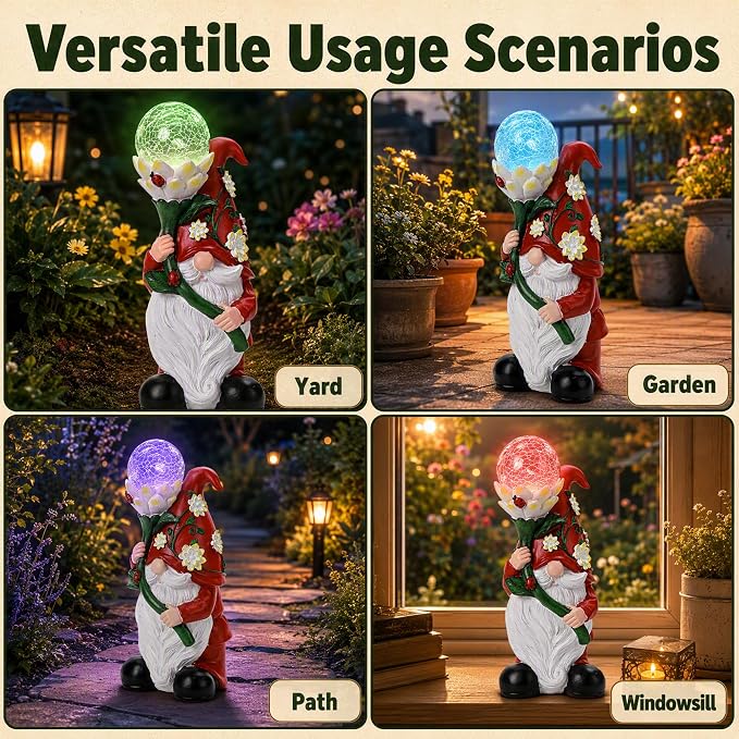 Garden Gnomes Outdoor, Solar Gnome Statue with Ladybugs Flower Decor for Yard, Garden, Patio, Balcony, Porch, Lawn Decor, Funny Gnome Gift for Mom Women Grandma
