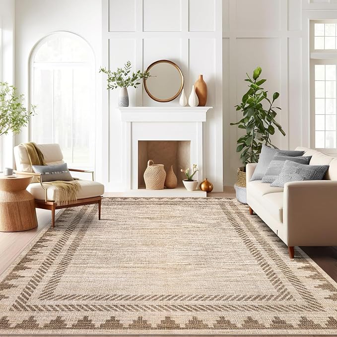 GarveeHome Washable Area Rug 8x10 Modern Neutral Living Room Rug Non Slip, Contemporary Geometric Carpet, Soft Non Shedding Mat, Stain-Resistant Low Pile Neutral Covering for Bedroom Office, Tan