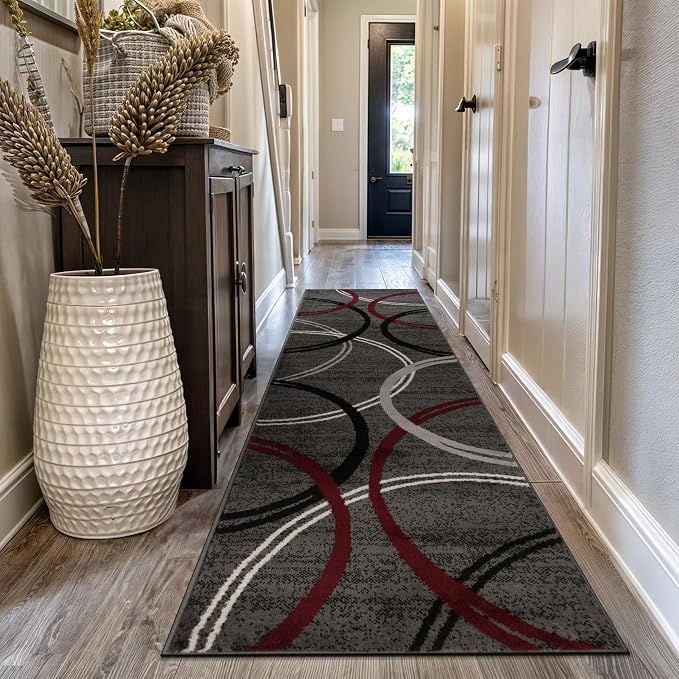 Rugshop Wavy Circles Modern Non-Shedding Runner Rug Red 2'7" x 8' | Rectangular, Size 2'7" x 8', Living Room, Bedroom, Dining Room, Home Office, Kitchen, Entryway, Hallway, Nursery, Kids Room