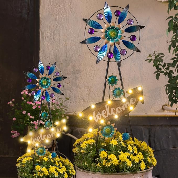 TERESA'S COLLECTIONS Garden Decor Solar Stake, Wind Spinner for Outdoor Decorations, Metal Windmill Blue Floral Yard Art Sign Decorative Garden Stake for Lawn Ornaments, Gifts for Mom, 26''