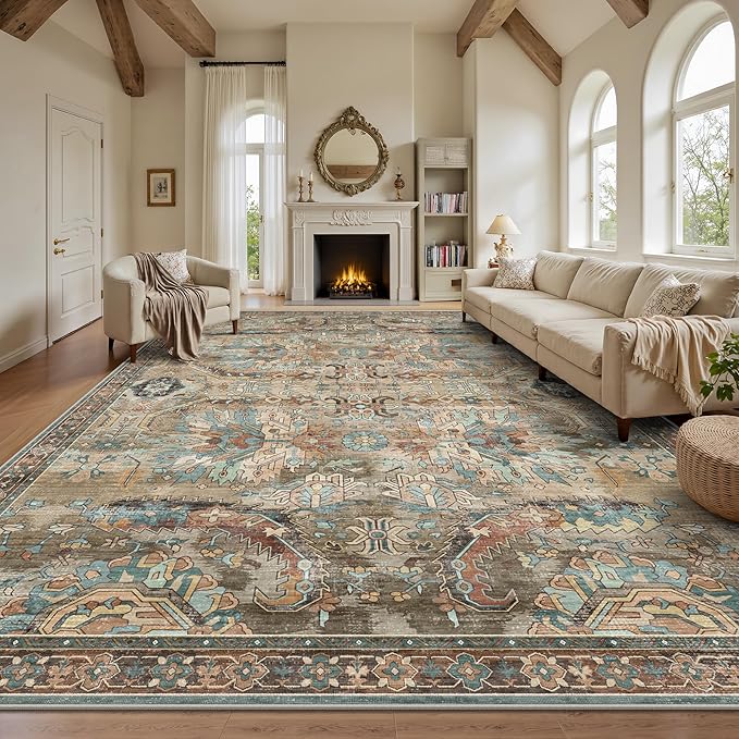 8x10 Area Rugs, Vintage Retro Soft Washable Rug, Non-Slip Low Pile Rugs for Living Room, Bedroom, Dining Room, Stain Resistant Home Decor Rug (Vintage Olive Green)