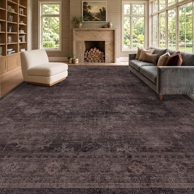 Boho 10x14 Dark Taupe Brown Large Area Rug for Living Room, Dining Room & Bedroom, Neutral Vintage Distressed Geometric Pattern, Easy to Clean, Slip-Resistant, Stain & Fade Resistant, Ultra Soft