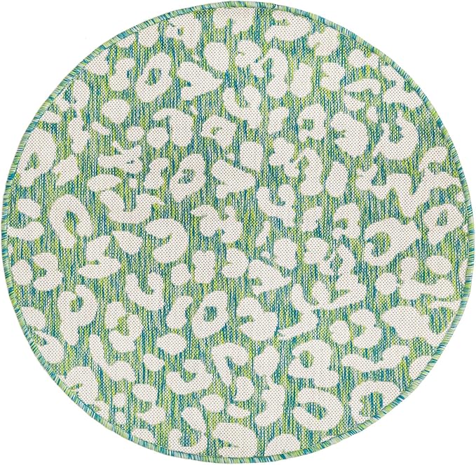 Unique Loom Outdoor Safari Collection Area Rug - Leopard (3' Round, Green Blue/ Ivory)