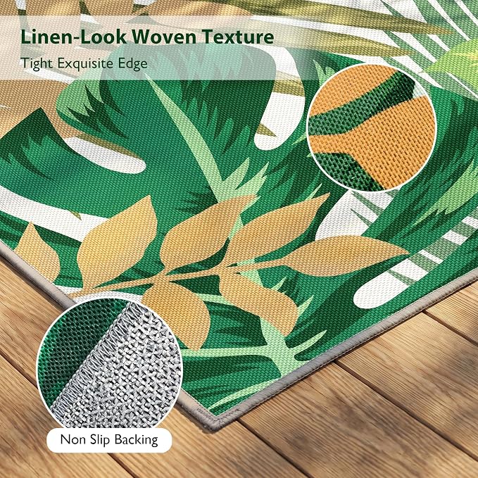 Arenarug 9x12 Monstera Tropical Outdoor Rug – Waterproof Non-Slip Machine Washable Patio Rug, UV & Stain Resistant Outdoor Carpet for Patio Deck Balcony Backyard, Green