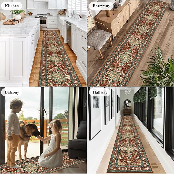 U'Artlines 2' x 14' Boho Hallway Runner Rug, Washable Carpet, Rust＆Teal | Non Slip, Vintage Farmhouse Accent Area Rug Carpet, for Kitchen Entryway Laundry and Living Room