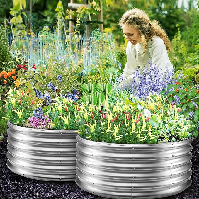 YSEJOMP 17" Tall Round Outdoor Garden Raised Garden Bed Kits-0.8MM Thick Metal Raised Planter Bed/Ground Planter Box for Variety of Flowers,Herbs,Vegetables,Trees (Silver, 40 Dia X 16.5 inches)