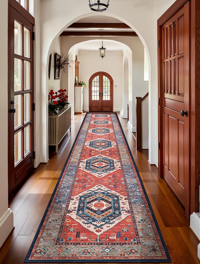 SERISSA 2'6"x16' Washable Non Slip Boho Runner Rug for Hallway，Rust | Ultra Soft Vintage Oriental Carpet Low-Pile Extra Long Tribal Floor Carpet for Kitchen Bedroom Entryway Bathroom Laundry Room
