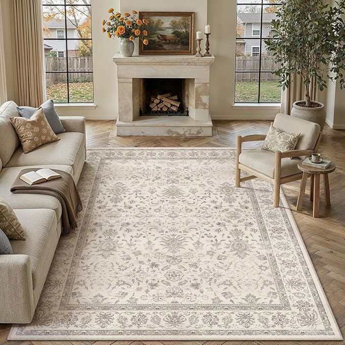 Beige 8x10 Washable Area Rug Neutral Vintage Floral Carpet | Soft Low Pile, Non Slip, Stain Resistant, Retro Accent Decor for Living Room, Bedroom, Dining Room, Kids Room, Office