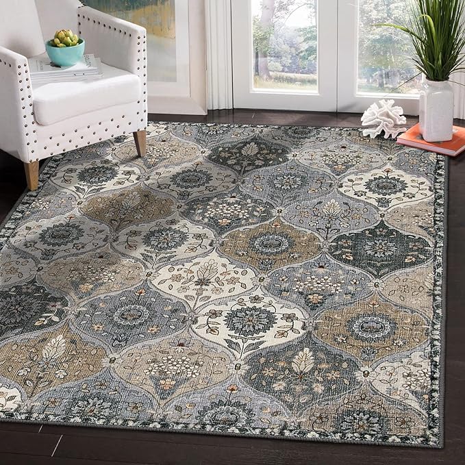 Lahome Moroccan Machine Washable Rugs, 4x6 Area Rug for Living Room Bedroom | Soft Non-Slip Rug Vintage Trellis Ultra-Thin Throw Carpet for Dining Room Office Elise, Grey