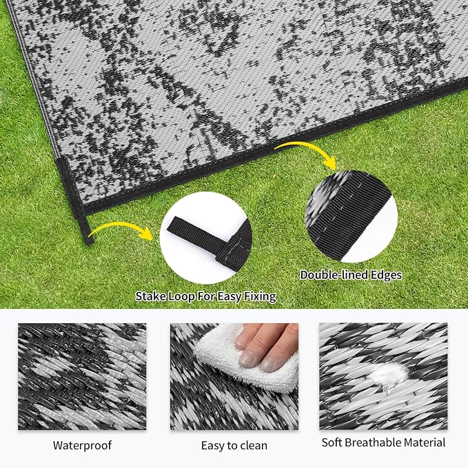 Outdoor Patio Plastic Straw Rug - 5x8 ft Outdoor Camping Rug Waterproof Reversible, Area Carpet Patios RV, Outside Porch Balcony Deck for Camper, Mosaic Black Grey