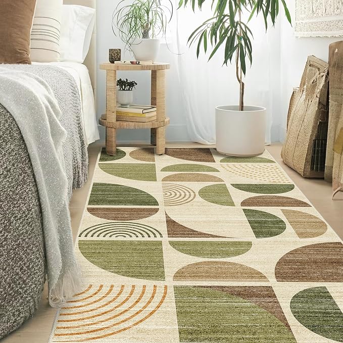 3x5 Rug Washable,Boho Area Rugs Small Non Slip Modern Abstract | Machine Washable Throw Carpet for Bedroom Entryway Living Room Bedside Soft Low Pile Bohemian Vintage Green and Brown