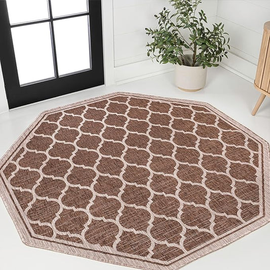 JONATHAN Y Moroccan Trellis Indoor Outdoor Octagon Area Rug 5 Ft Espresso/Taupe, Trebol Textured Weave for Backyard, Patio, Porch, Easy-Cleaning, Pet-Friendly, Non-Shedding (SMB109B-5TGN)