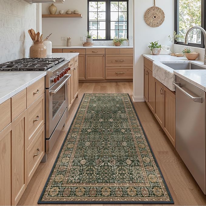 2'6" x 7' Kitchen Runner Rug, Washable Non Slip, Dark Green Brown | Vintage Floral, Spill Resistant, Lightweight Low Pile Carpet for Hallway, Bedroom, Laundry Room and Bathroom