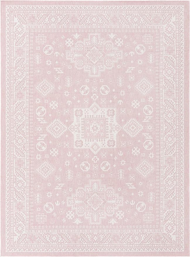 Unique Loom Outdoor Aztec Collection Area Rug - Chalca (7' 10" x 11' Rectangle, Pink/ Ivory)