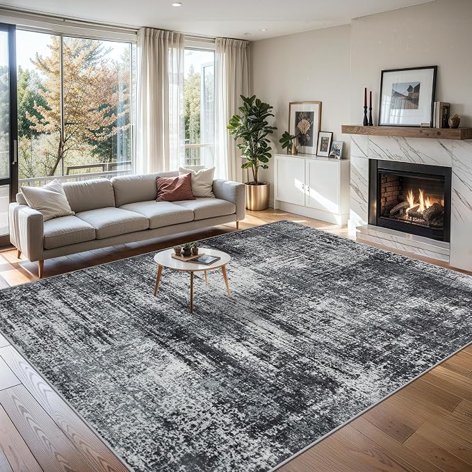 PLHXFR 10x14 Area Rug Living Room: Abstract Washable Carpet Dark Black | For Bedroom Dining Room Farmhouse Nursery Home,Machine washable,Non Slip,Large Soft Neutral,Stain Resistant, Indoor Floor